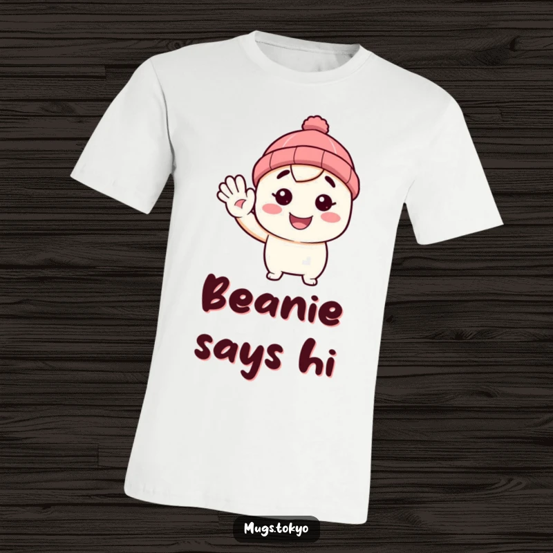Funny T-shirt with a character wearing a tiny beanie, waving hello and smiling. Casual and humorous apparel.
