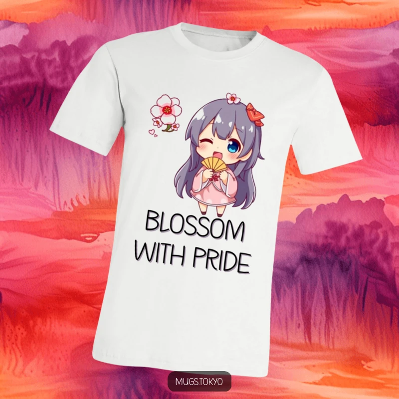 Funny cherry blossom fan t-shirt featuring a cute character energetically waving a small fan decorated with pink cherry blossoms, a spring delight.