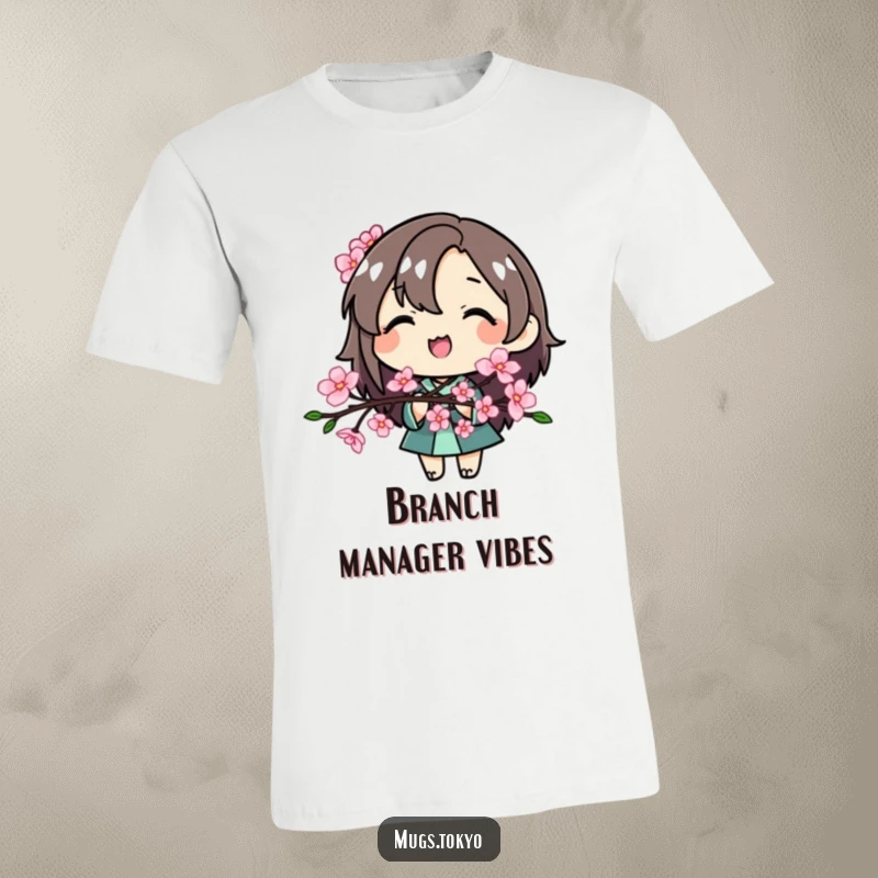 Funny Cherry Blossom Character T-Shirt, a cute smiling character holding a blooming cherry blossom branch, a symbol of spring.