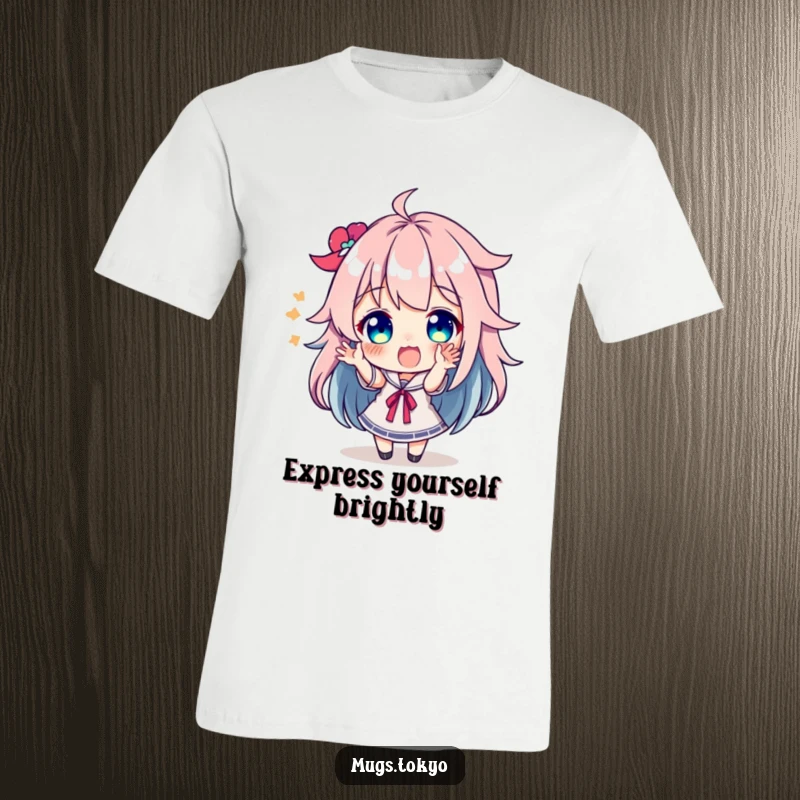 Funny character with vibrant, colorful hair expressing excitement through animated gestures on a comfortable, humorous t-shirt.