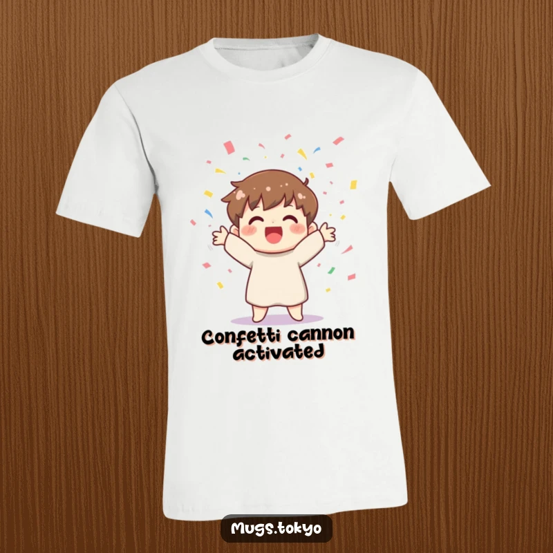 Funny t-shirt featuring a cheerful character joyfully tossing a cascade of colorful confetti, embodying pure happiness.