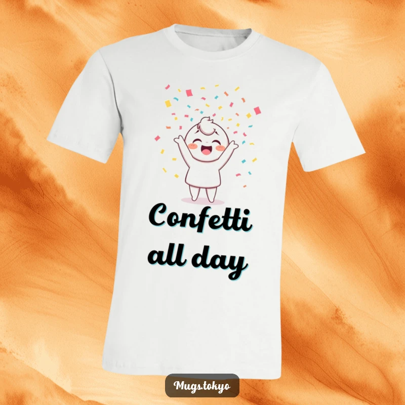 Funny t-shirt depicting a cheerful character joyfully tossing colorful confetti, perfect for spreading happiness and a festive mood.