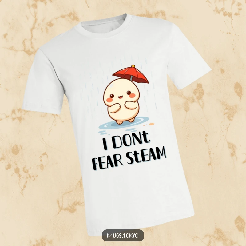 Funny cute dumpling character holding a tiny red umbrella, facing a downpour, printed on a t-shirt.