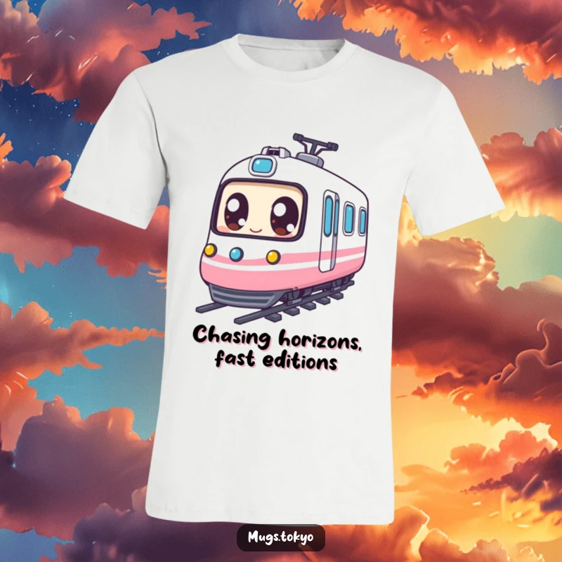 Funny T-Shirt: Character with large expressive eyes happily riding a miniature bullet train, full of speed and glee.