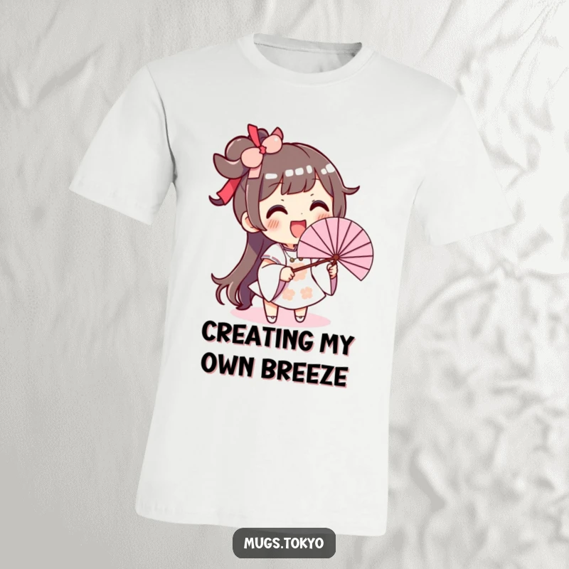 Funny t-shirt with an excited character smiling broadly while vigorously waving an oversized fan.