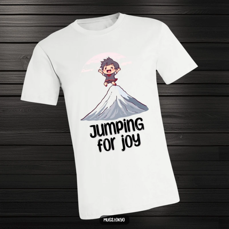 Funny T-Shirt with a joyful character leaping high over a stylized Mount Fuji, conveying excitement and a humorous adventurous spirit.