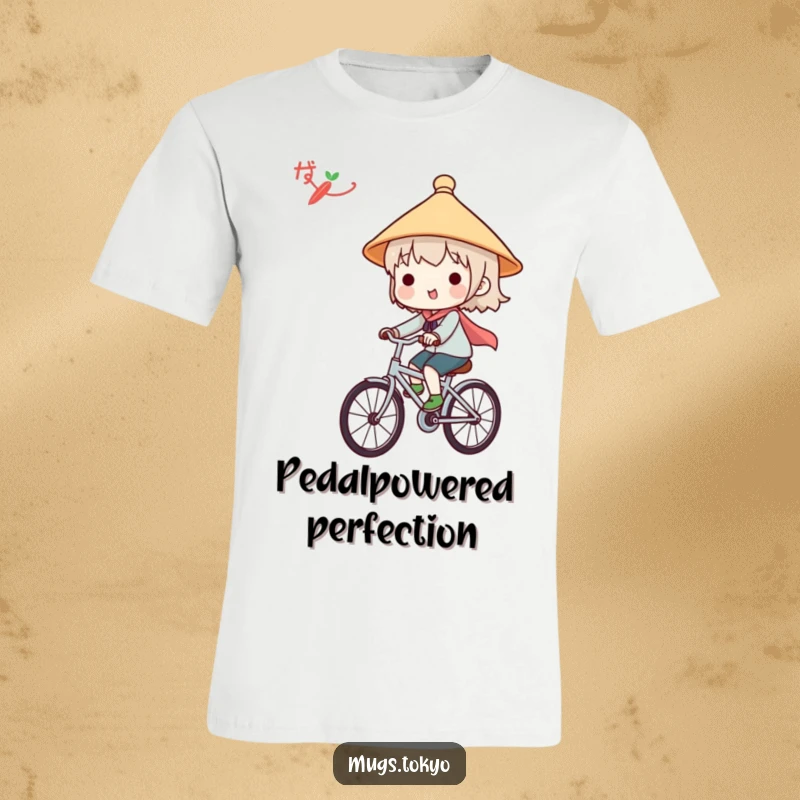Funny t-shirt with a cute character wearing a traditional Japanese hat, joyfully riding a bicycle on an adventure.