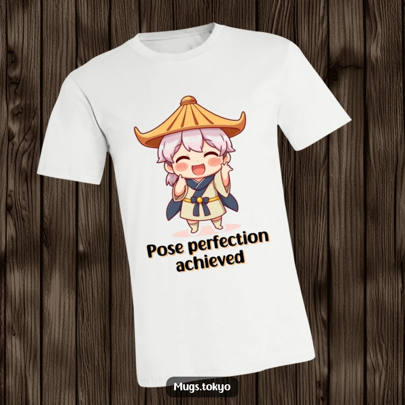 Funny t-shirt graphic of a character in a traditional Japanese hat, adopting a comical and exaggerated pose with a bold, humorous attitude.
