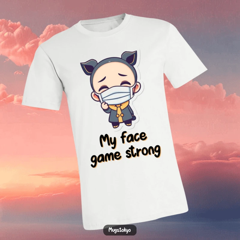 Funny t-shirt depicting a character wearing a small mask and making a wonderfully funny and silly face.