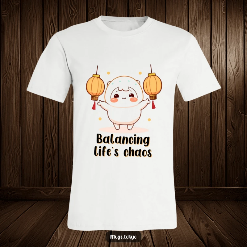Funny cheerful mochi character with rosy cheeks juggling luminous lanterns, printed on a t-shirt.