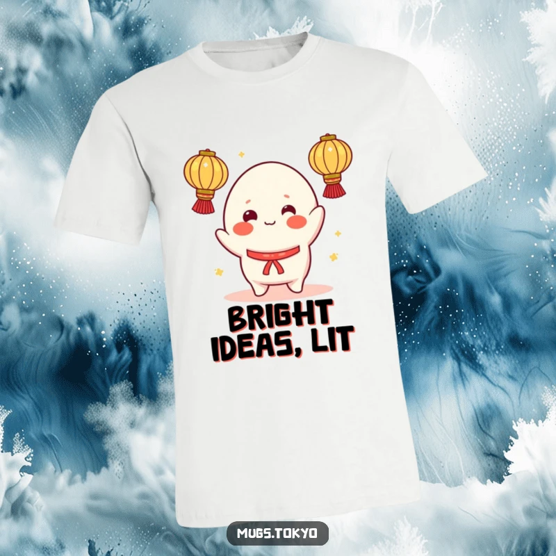 Funny t-shirt featuring a cheerful mochi character with rosy cheeks, juggling multiple illuminated lanterns, capturing a moment of playful skill.
