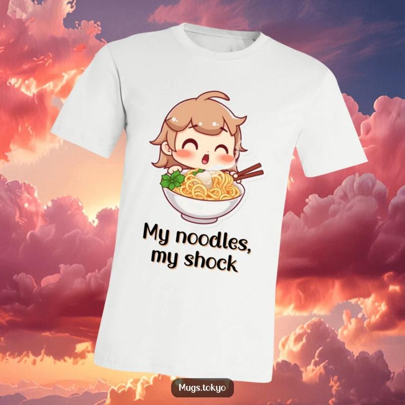Funny t-shirt featuring a character with wide eyes and an open mouth, comically surprised by a steaming bowl of delicious noodles, a perfect funny gift.