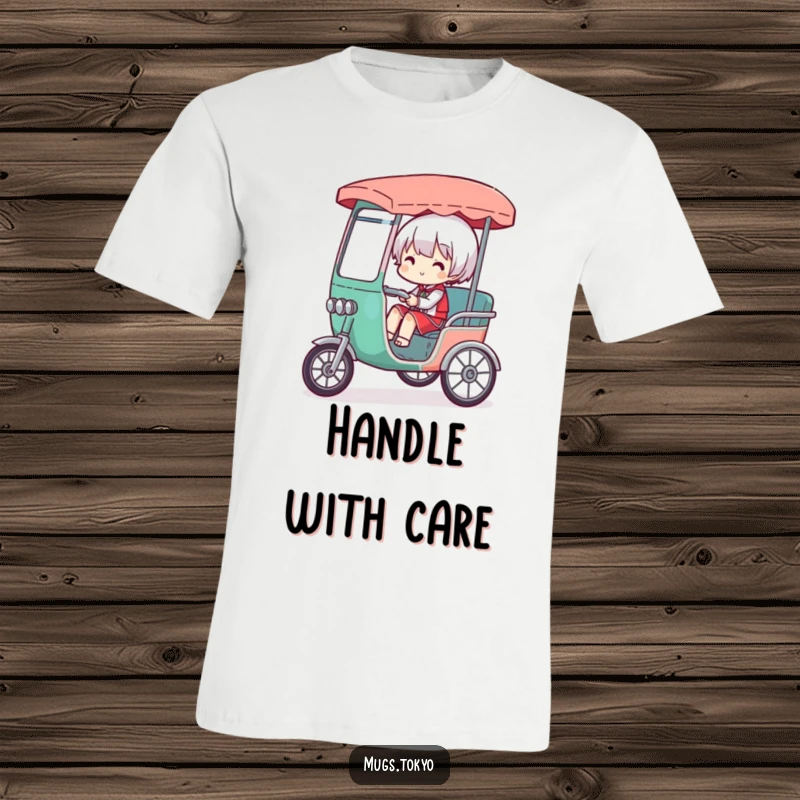 Funny t-shirt depicting a character struggling humorously under the weight of goods in a tiny, overloaded rickshaw, expressing comical effort.