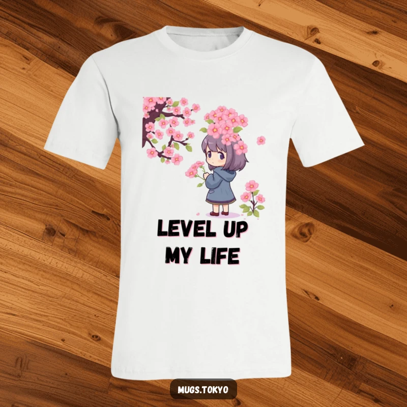Funny T-Shirt with a character admiring a large, pixelated cherry blossom bouquet, celebrating retro gaming and floral beauty.
