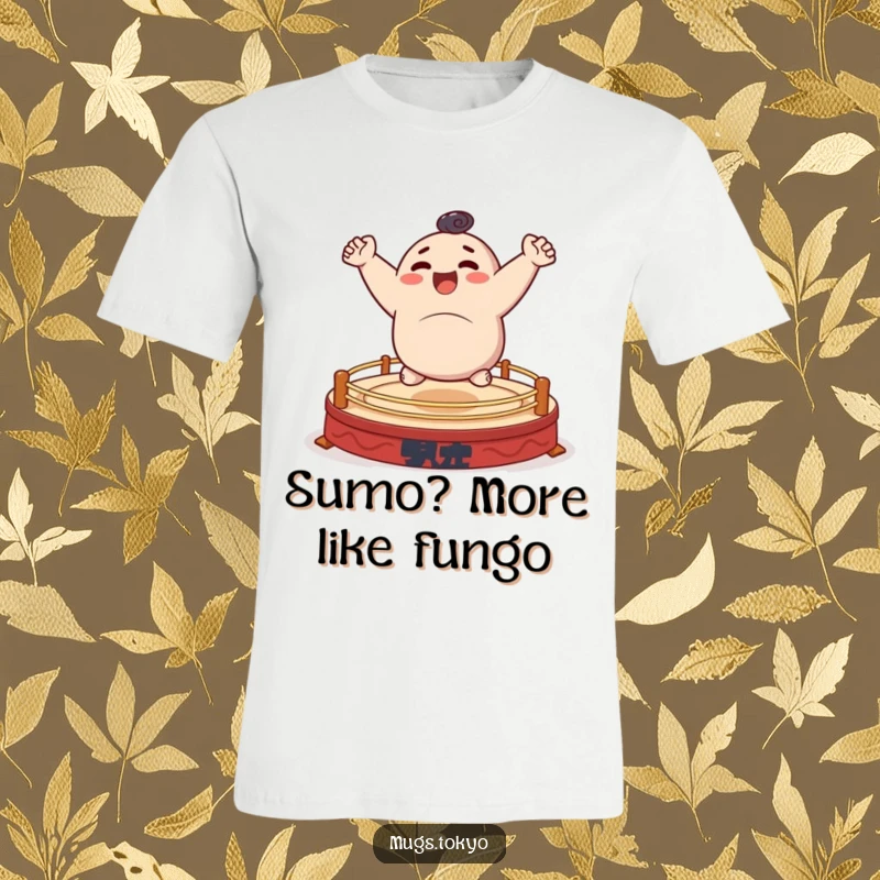 Funny t-shirt of a character happily and energetically bouncing on a small, stylized sumo ring.
