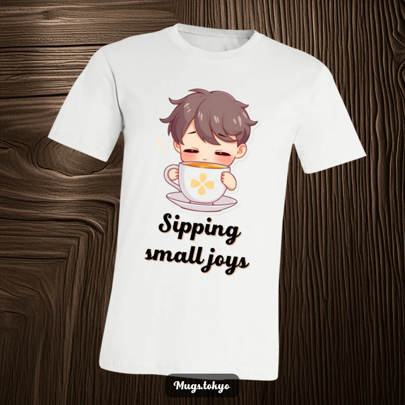 Funny t-shirt design of a character enjoying a steaming cup of tea from a miniature, delicate cup.