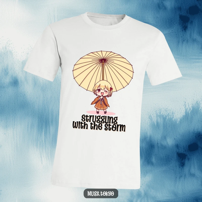 Funny umbrella struggle t-shirt, character comically battling a giant Japanese umbrella, a humorous depiction of everyday challenges.