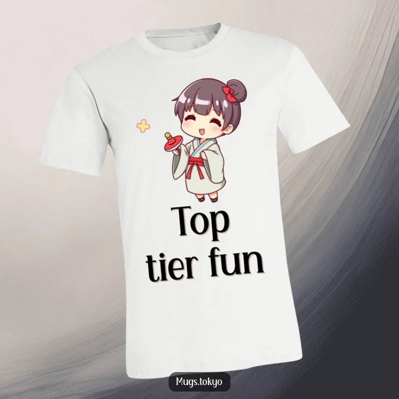 Funny yukata spinner t-shirt, a character in a yukata gleefully spinning a top, showcasing playful retro charm.