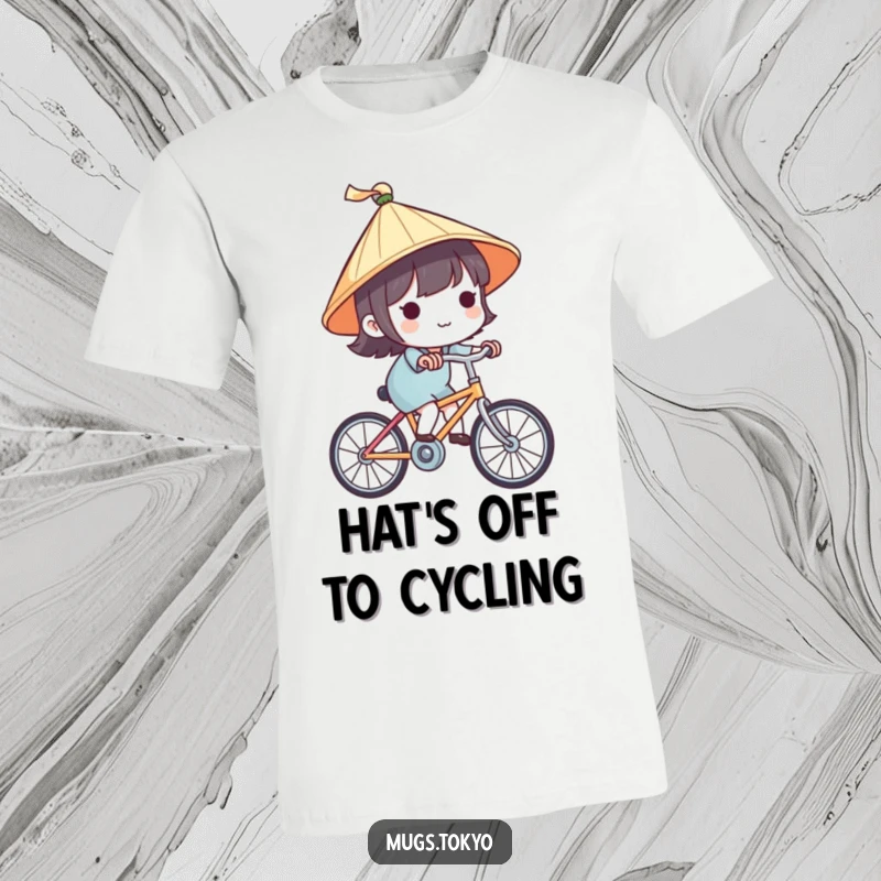 Funny t-shirt depicting a cute character in a small Japanese hat, joyfully riding a bicycle, perfect for travel enthusiasts.