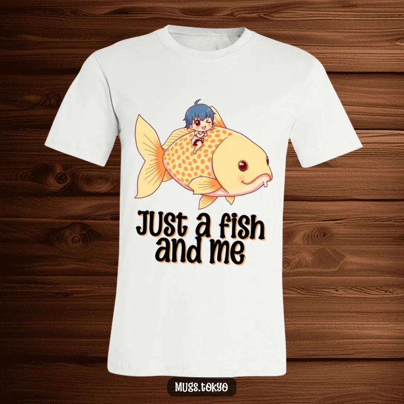 Funny t-shirt with a small, happy character joyfully riding a colossal goldfish, celebrating a bizarre and amusing adventure.