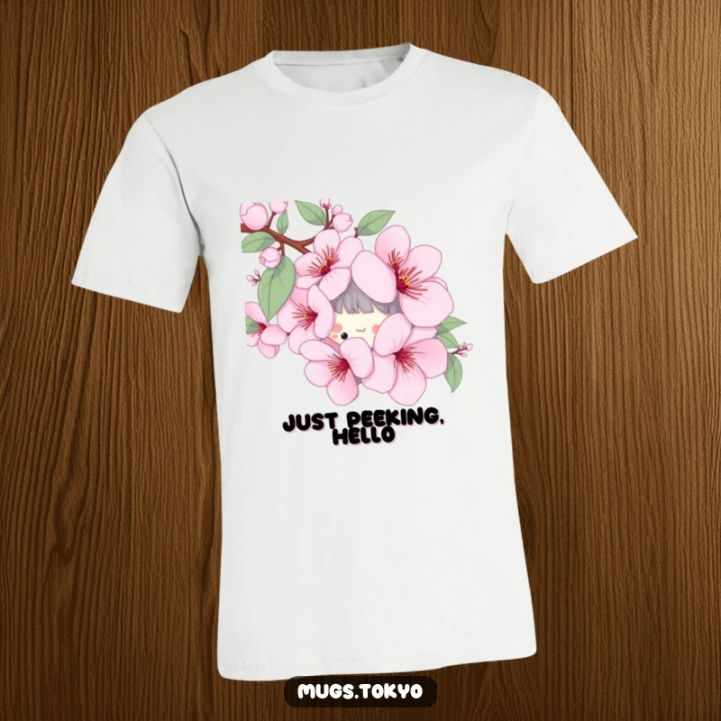Funny t-shirt featuring a playful character playfully peeking from behind a giant, stylized cherry blossom, celebrating spring.