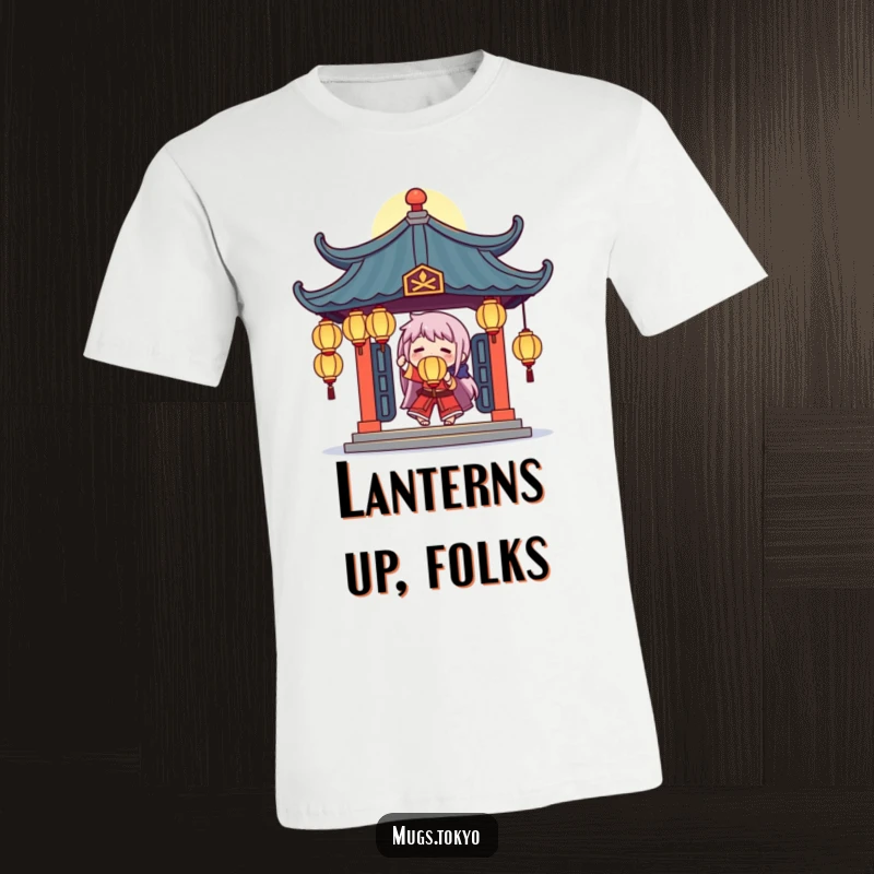 Funny t-shirt showing a character juggling luminous lanterns under an ornate temple roof, radiating a sense of fun.