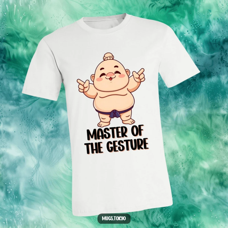 Funny t-shirt depicting a sumo wrestler character playfully pointing, exuding confidence and humor.