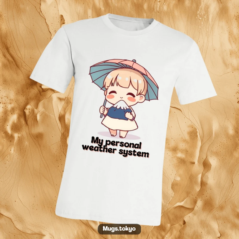Funny t-shirt showing a joyful character holding a tiny Mount Fuji umbrella, giggling uncontrollably, a perfect wear.