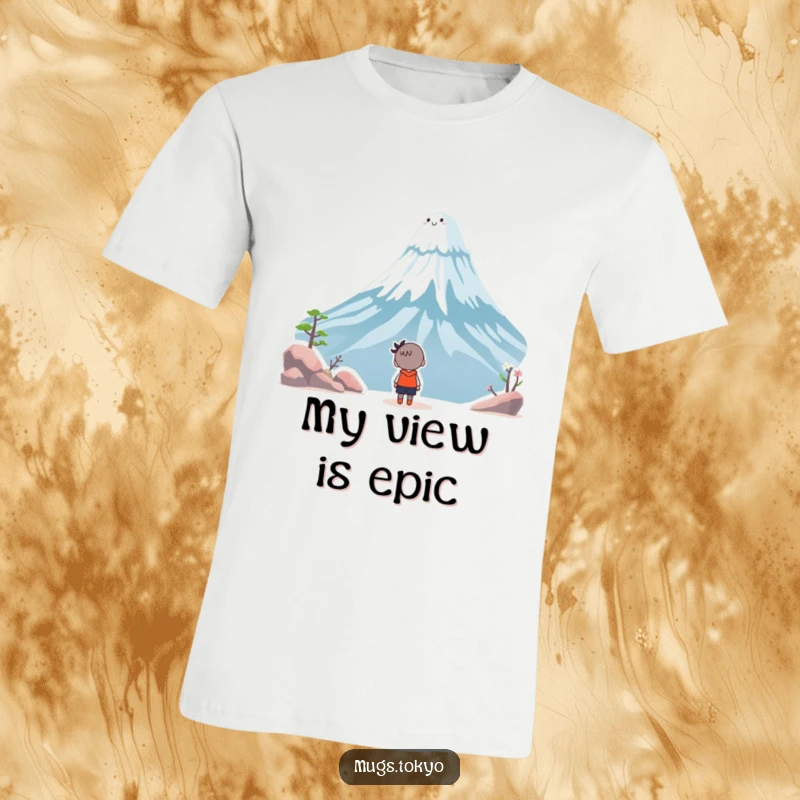 Funny t-shirt showing a character gazing upwards with wide eyes at a cheerful, smiling Mount Fuji, embodying wonder and humor.