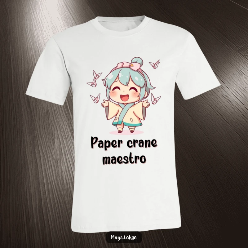 Funny t-shirt print of a cheerful character skillfully juggling a pile of tiny, colorful origami cranes with a wide, happy smile.
