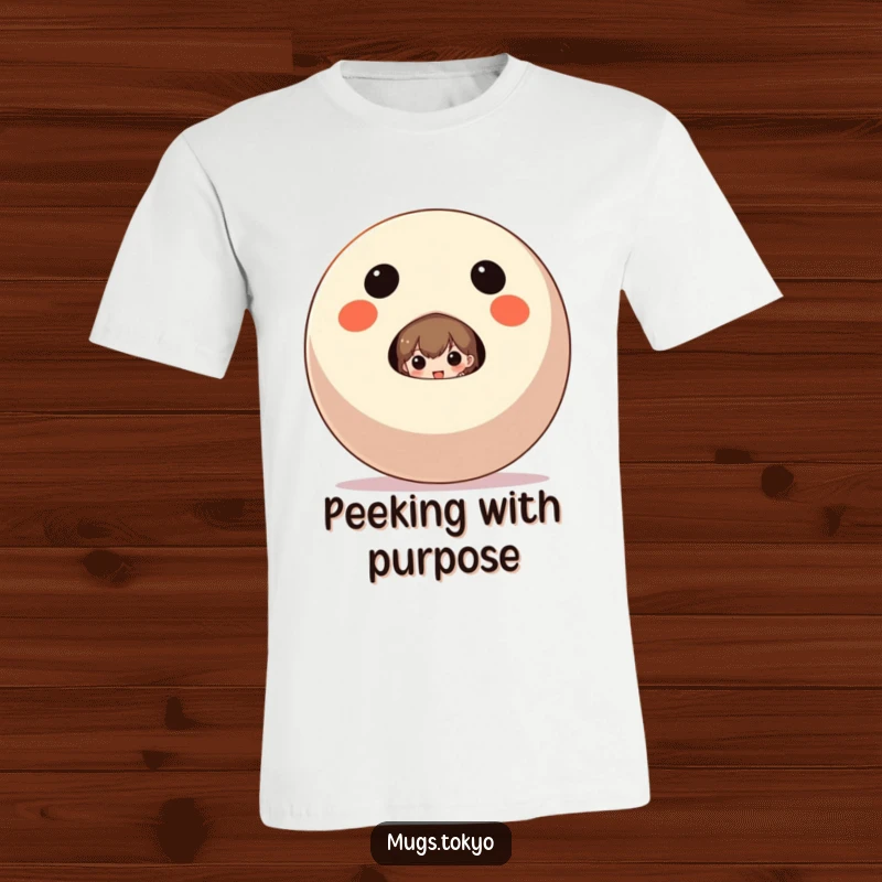 Funny T-Shirt with a character peeking out from behind a large Daruma doll, perfect for playful style.