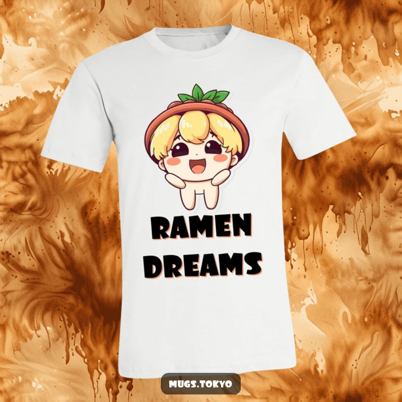 Funny T-shirt featuring a character wearing a ramen bowl hat, beaming with delight. Food-themed and humorous apparel.