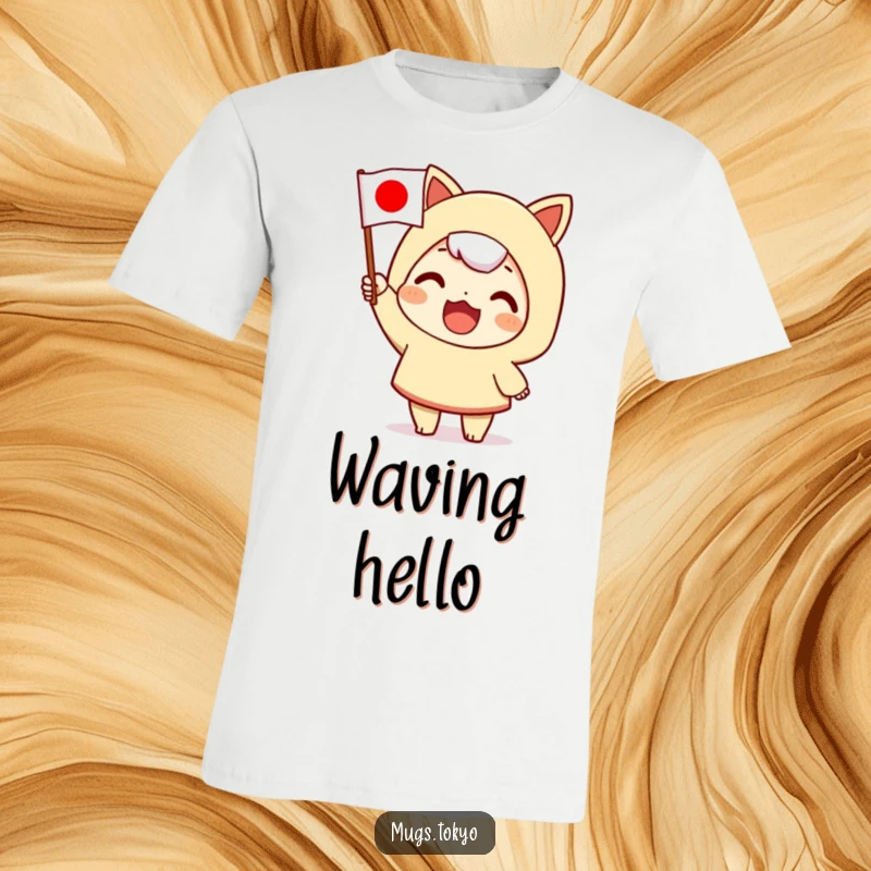 Funny t-shirt of a character energetically waving a tiny Japanese flag, celebrating national pride with enthusiasm and joy.