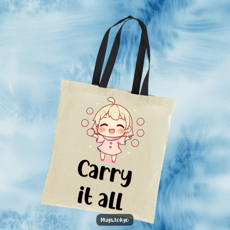 Funny tote bag featuring a happy character in the act of juggling small, perfectly round mochi balls, designed for everyday joy.