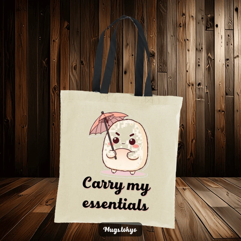 Funny tote bag with a cute onigiri character with a determined expression, wielding a tiny umbrella, a practical and humorous accessory.