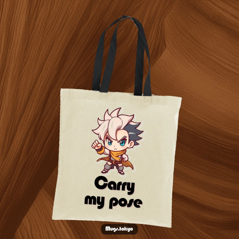 Funny tote bag featuring a determined character with a stylish haircut, posing dynamically. Stylish and humorous accessory.