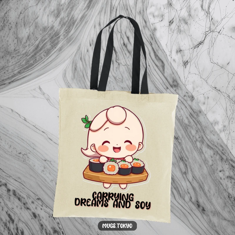 Funny Tote Bag: A smiling character comically juggles a tray full of sushi, ideal for carrying essentials with a humorous touch.