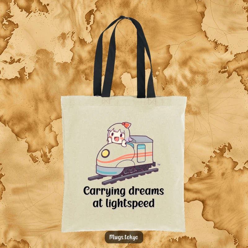 Funny tote bag illustration of a cute character enjoying a thrilling ride on a miniature bullet train.