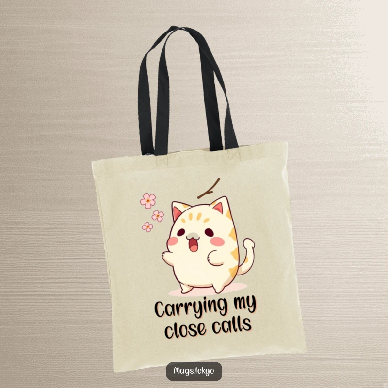 Funny tote bag showing a surprised taiyaki character with its tail wagging, narrowly avoiding a falling cherry blossom, a playful design.