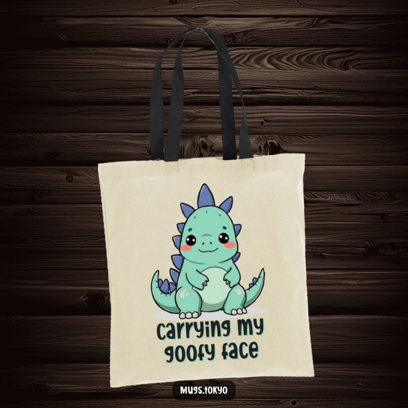 Funny tote bag showing a character making a silly face to surprise a small, cute Godzilla, practical and amusing.