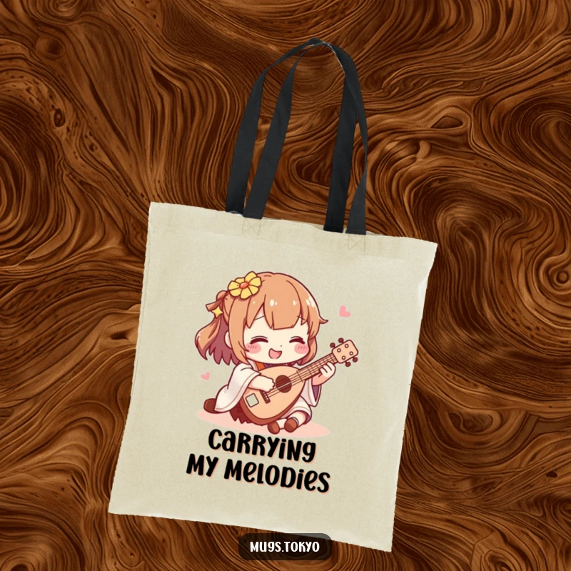 Funny shamisen player tote bag, a character happily strumming a miniature shamisen, a stylish and humorous way to carry belongings.