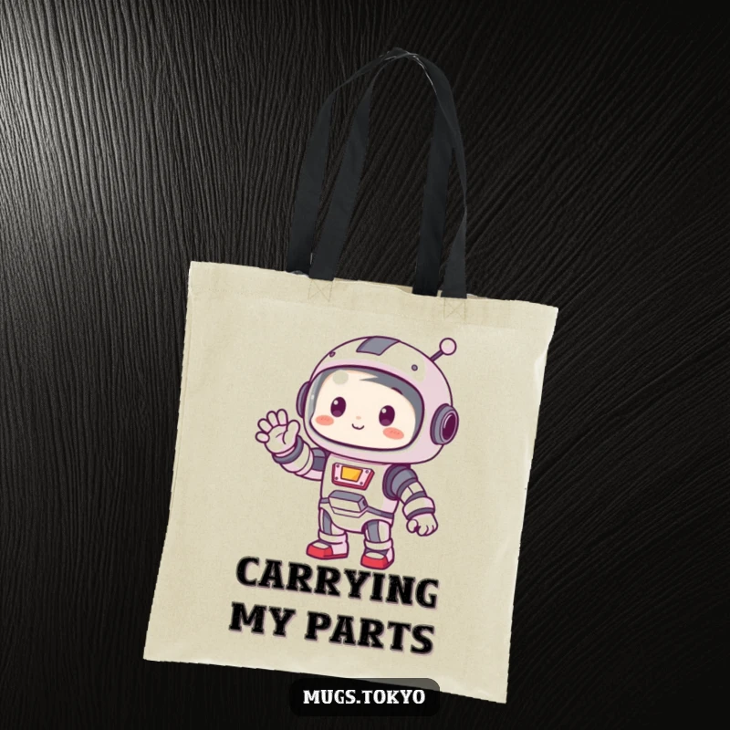Funny tote bag featuring a cute character dressed in a small robot costume, waving hello.