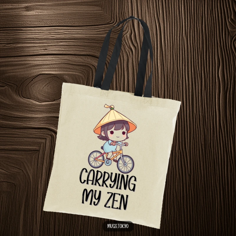 Funny tote bag with a cute character in a traditional Japanese hat, happily cycling, perfect for carrying items with travel charm.