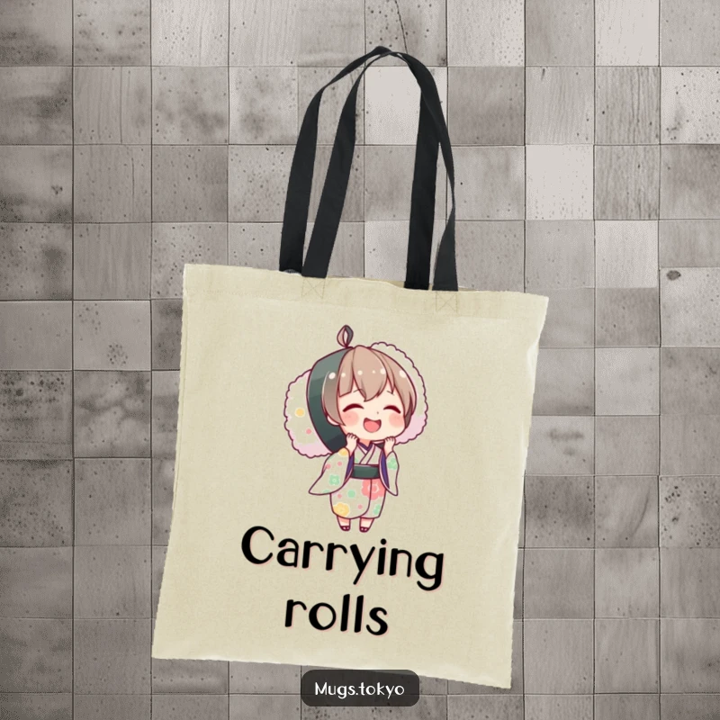 Funny tote bag with a happy character in a kimono holding an oversized sushi roll, perfect for carrying essentials and sushi.