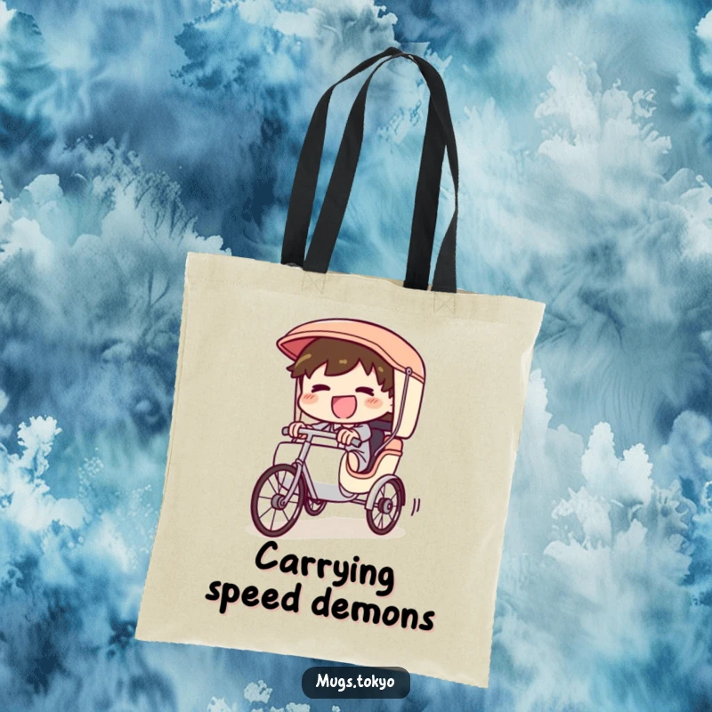 Funny Tote Bag featuring a giggling character pedaling a tiny rickshaw downhill at full tilt, perfect for carrying daily essentials.