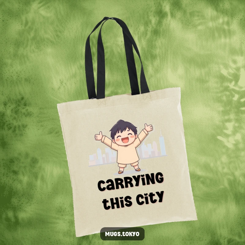 Funny city embrace tote bag, a character joyfully embracing a city skyline silhouette, perfect for carrying essentials with urban flair.