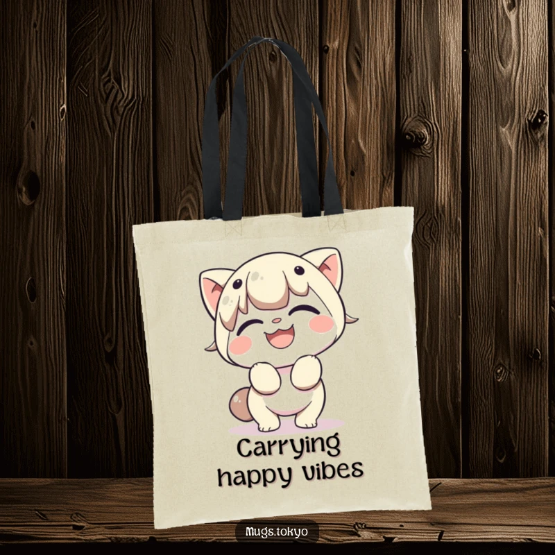 Funny tote bag showcasing a character bowing cheerfully with a broad grin, symbolizing good manners and funny, positive greetings.
