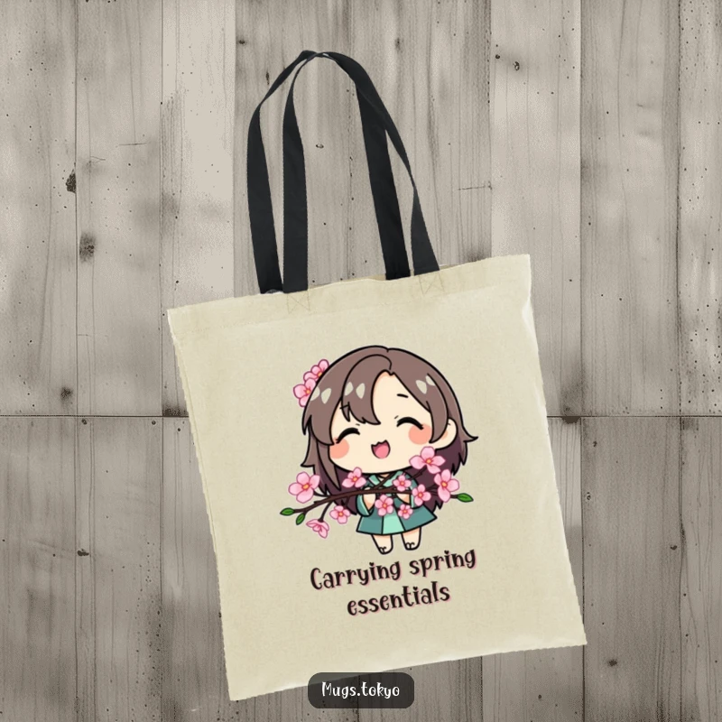Funny Cherry Blossom Character Tote Bag, a smiling character holding a cherry blossom branch, ideal for stylish errands.
