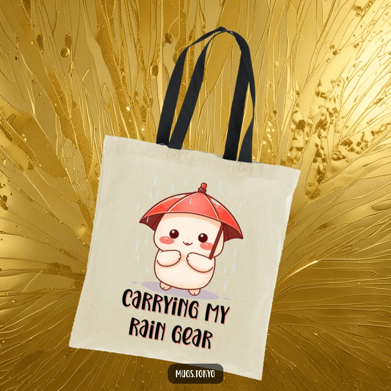 Funny tote bag with a cute dumpling character holding a tiny red umbrella, peeking out from a rain shower, practical and charming.