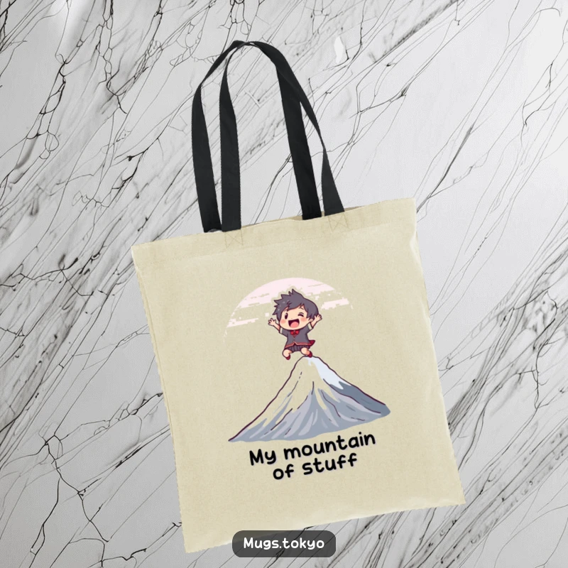 Funny Tote Bag featuring a joyful character leaping over Mount Fuji, ideal for adventures and humorous everyday use.